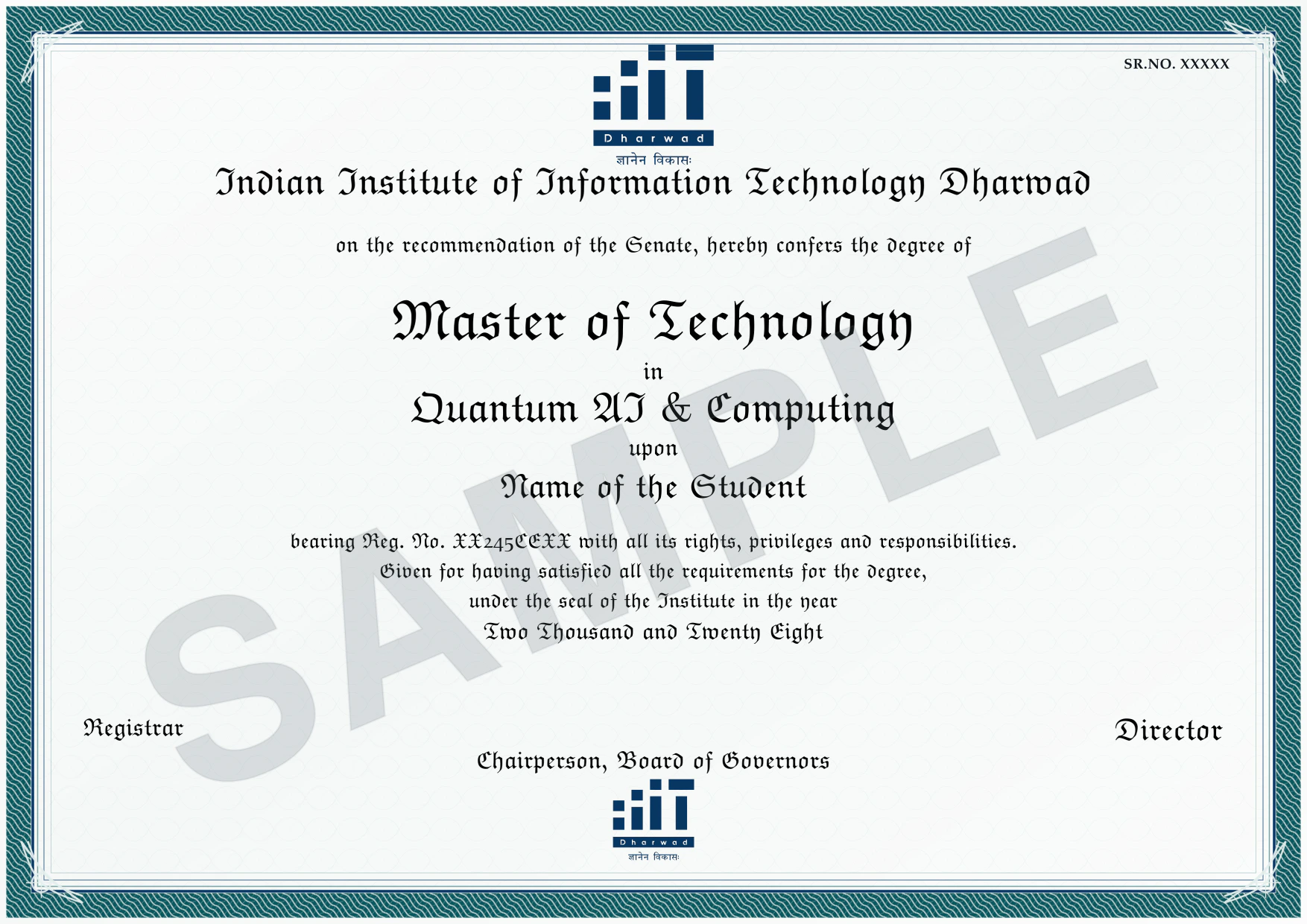 M.Tech in Quantum AI and Computing degree certificate issued by IIIT Dharwad